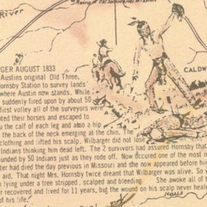 May include: A vintage illustration depicting a historical event, "SCALPING OF JOSIAH WILBARGER AUGUST 1833". The illustration shows a group of Native Americans attacking a group of surveyors. The text describes the event in detail, including the injuries sustained by Wilbarger and the actions of the survivors.