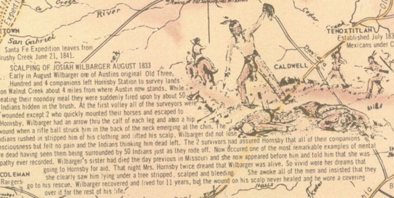 May include: A vintage illustration depicting a historical event, "SCALPING OF JOSIAH WILBARGER AUGUST 1833". The illustration shows a group of Native Americans attacking a group of surveyors. The text describes the event in detail, including the injuries sustained by Wilbarger and the actions of the survivors.