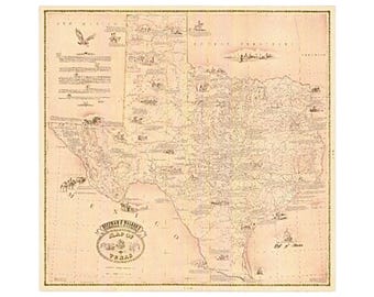 Mapa pictórico histórico de Texas por Hoffman y Walker Original Vintage