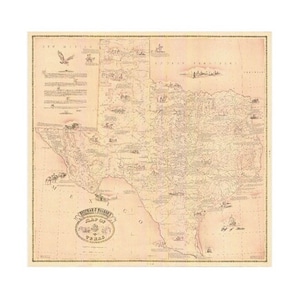 Puede incluir: Antiguo mapa de Texas, con informaci&oacute;n geogr&aacute;fica detallada e ilustraciones. El mapa est&aacute; impreso en papel envejecido con un borde decorativo. El t&iacute;tulo "Map of Texas" se muestra en una cartela ornamentada. Incluye ilustraciones de un &aacute;guila y otras figuras.