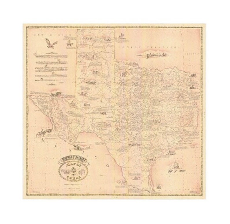 Puede incluir: Antiguo mapa de Texas, con informaci&oacute;n geogr&aacute;fica detallada e ilustraciones. El mapa est&aacute; impreso en papel envejecido con un borde decorativo. El t&iacute;tulo "Map of Texas" se muestra en una cartela ornamentada. Incluye ilustraciones de un &aacute;guila y otras figuras.