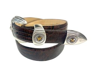 Texas State Seal buckle with brown lizard embossed belt