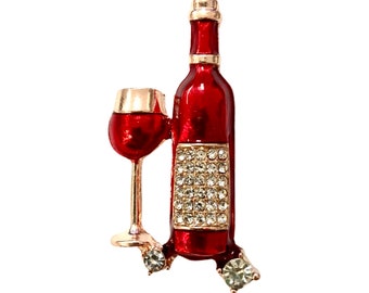 Rose Gold-tone Red Enamel Wine Bottle & Wine Glass Rhinestone  Pin Brooch Wine  Lover Gift...