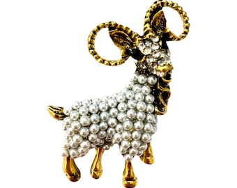 Gold-tone & White Pearl Goat Pin Brooch