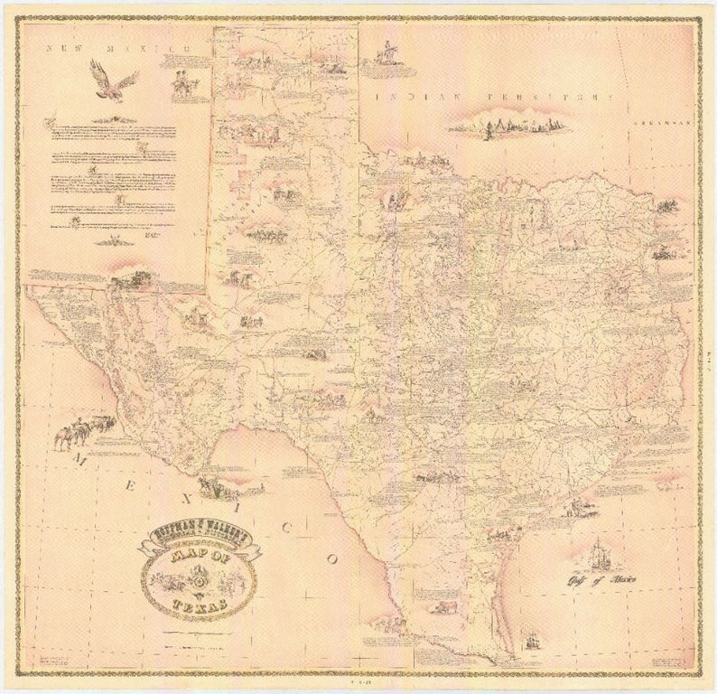 May include: An antique map of Texas, printed in brown ink on a cream-colored background. The map shows the state's major cities, rivers, and roads. The title "Map of Texas" is printed in a decorative circle at the bottom of the map.