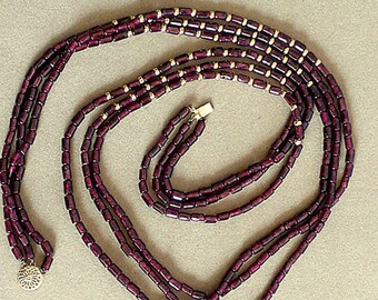 Necklace 3 Strand Garnet Beads with Gold Accents
