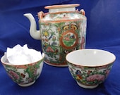 SALE 1800s Era Chinese Teapot Cups in Basket Caddie