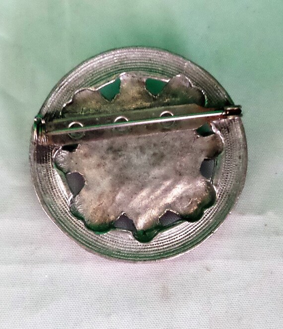 Enameled Brooch: Silver Tone Metal with Red & Bla… - image 3