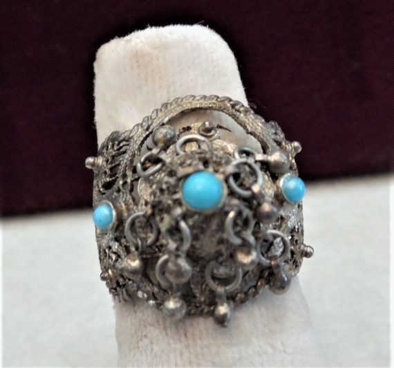 Vintage Statement Ring Persian Filigree with Turq… - image 1