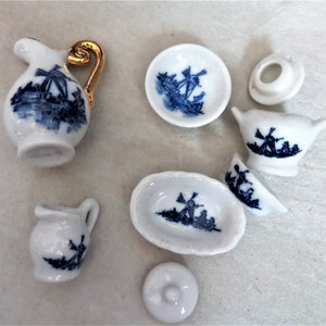 Miniature Porcelain Doll Blue and White Dishes Serving Set