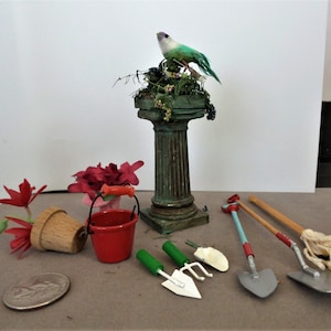 Miniature Dollhouse Garden Group A Pedestal with Bird, Shovels,Bucket and Tools
