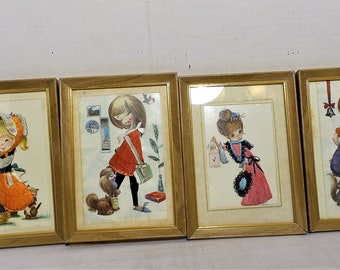 Set of 4 Embroidered Mid Century Pictures of Young Girls by Vernet