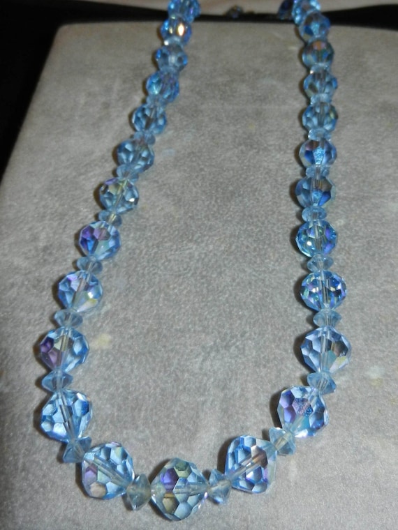 ◇Primaute◇ BLUE BEADS CRYSTAL NECKLACE Royal Blue Beaded Necklace for Women / AB Crackle Beads