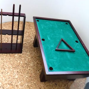Miniature Dollhouse Pool Table with Rack, Pool Sticks and Rack (no balls)