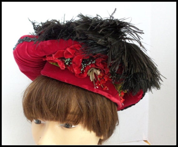 Vintgae Red Velvet Hat with Ostrich Feathers, Seq