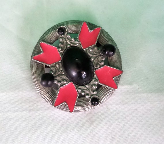 Enameled Brooch: Silver Tone Metal with Red & Bla… - image 4