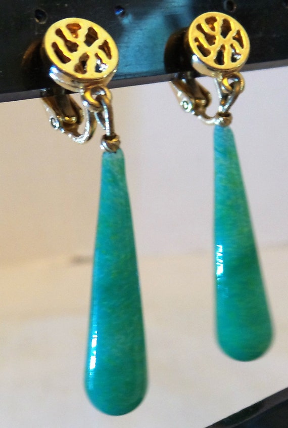 Earrings Green Stone Dangles - image 2