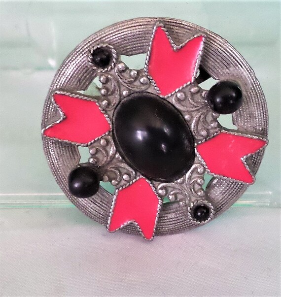Enameled Brooch: Silver Tone Metal with Red & Bla… - image 2