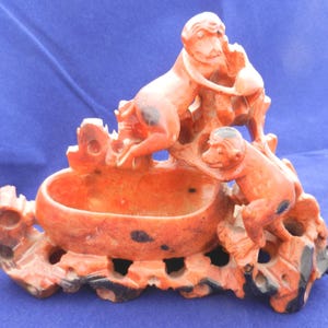 Asian Carved Soapstone Vase with Monkeys Early 1900s