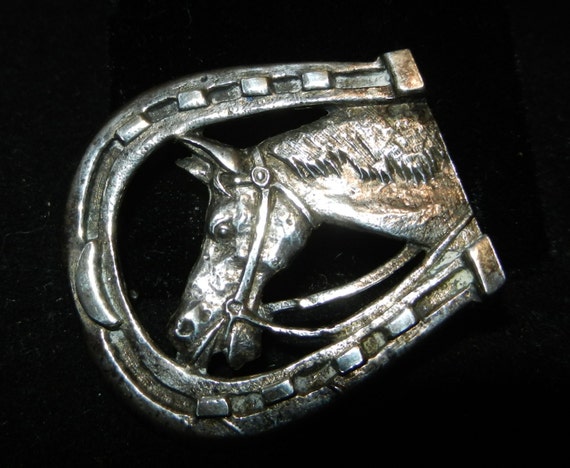 Sterling Belt Buckle Horse Head in Horse Shoe - image 1