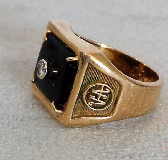 STAR JEWELRY ONYX RING K10ゴールド Ring Vintage Men's 10KT Gold Onyx Ring With a Center Diamond