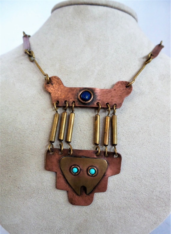 Necklace Vintage Hand Made Copper Brass and Stone 