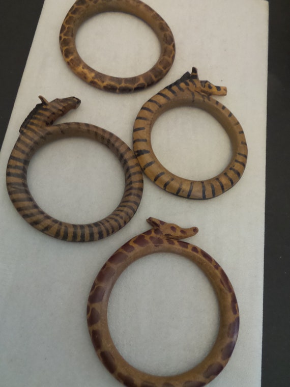 Vintage Set of 4 Handcarved Wood Tribal Bracelets - image 1