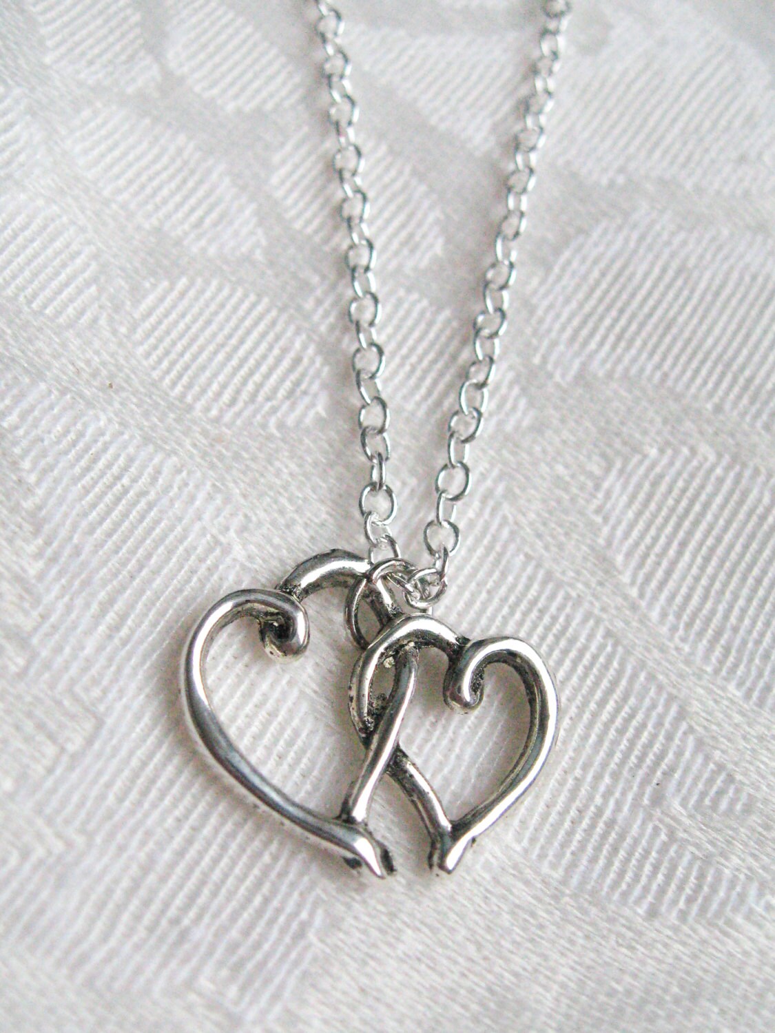 Double Entwined Heart Charm Necklace Sterling Silver Chain Etsy