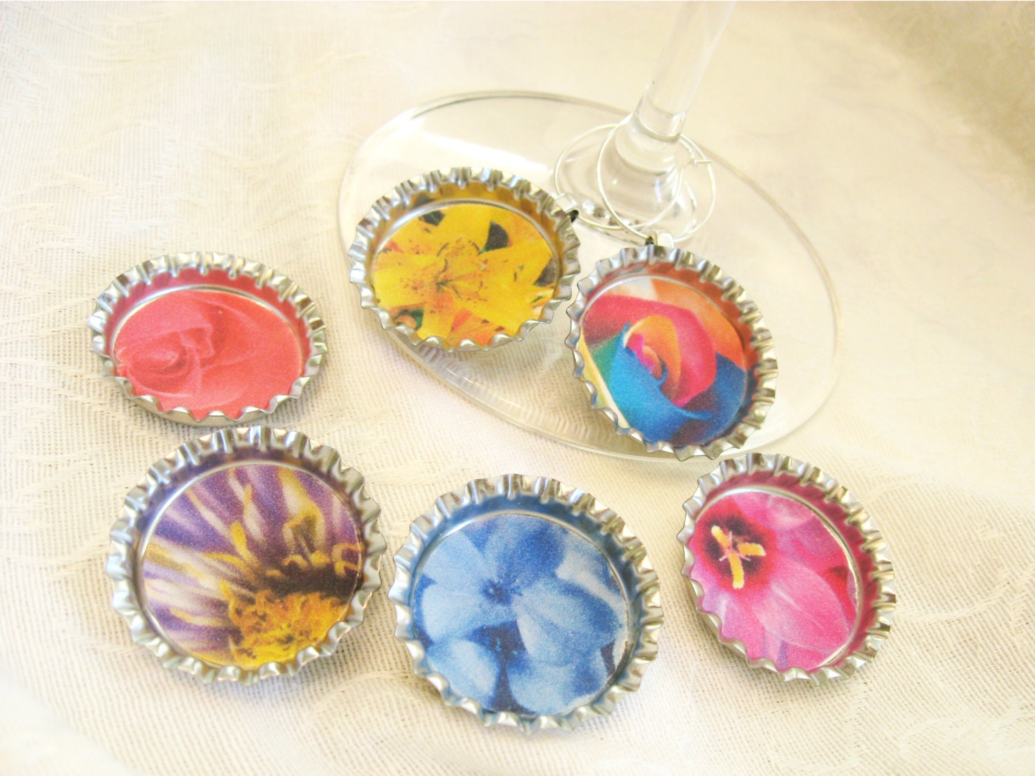 Flower Wine Charm Bottle Cap Wine Charms With Close Ups of Etsy