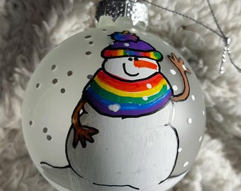Hand-Painted Snowman Ornament with Pride Scarf & Beanie – LGBTQ+ Christmas Decor