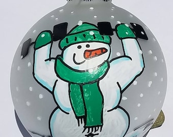 Cross Fit Ornament, Hand Weights - Snowman Fitness - Personalized hand painted custom Christmas - Fitness Ornament - Hand weight ornament