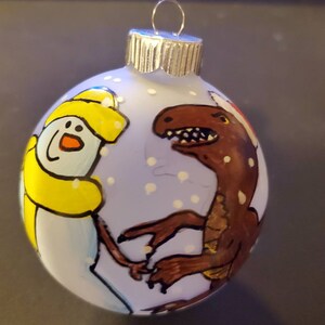 Dinosaur Lover Ornament - Snowman with a Raptor - Personalized Christmas Ornament, Custom - Hand Painted - Paleontologist - Velociraptor