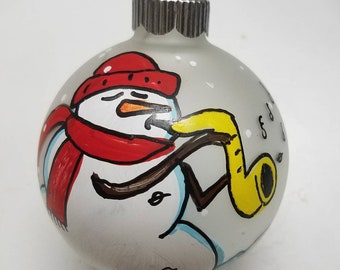 Saxophone Player Christmas Ornament - Snowman Ornament - Personalized Custom Hand-painted Sax Player - High School Band, College Band, Jazz