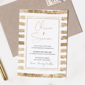 Faire-part de mariage élégant à rayures scintillantes, invitations personnalisées dorées, design moderne, noir et blanc, RSVP, carte « Save the Date »