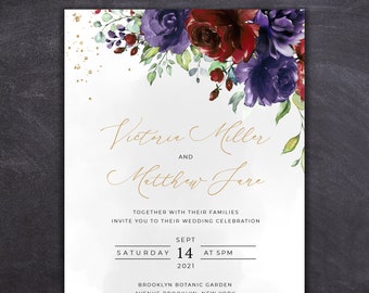 Wedding Invitation Custom Invites Flowers Purple  wedding and Burgundy Invites Gold Text Affordable Red Deep Lavender