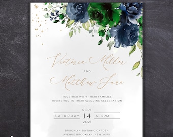 Wedding Invitation Floral Elegant Custom Invites Flowers Navy design Card and Green Gold Text