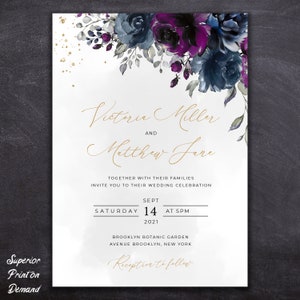 Wedding Invitation Floral Elegant Custom Invites Flowers Navy and Purple Gold Text Affordable Blue Plum Deep