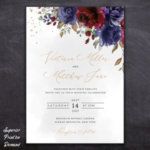 Convite de casamento Floral Elegante Convites personalizados Flores Vermelho suave e design para impressão Cartão de design de casamento