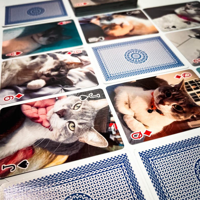 May include: A close-up of a set of playing cards featuring different cats. The cards are arranged in a grid pattern, with each card showing a different cat breed. The cards are all in a standard playing card size and shape.