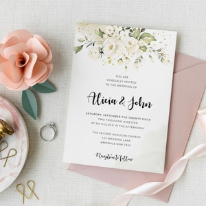Invitación de boda con rosas de acuarela y flores blancas, invitaciones personalizadas, vegetación, verde salvia, flores blancas, diseño elegante, tarjeta para guardar la fecha