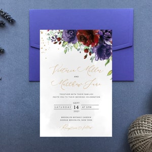 Purple and Burgandy wedding  invitation, thank you, RSVP and Save the date card. Instant Download  Personalized Card