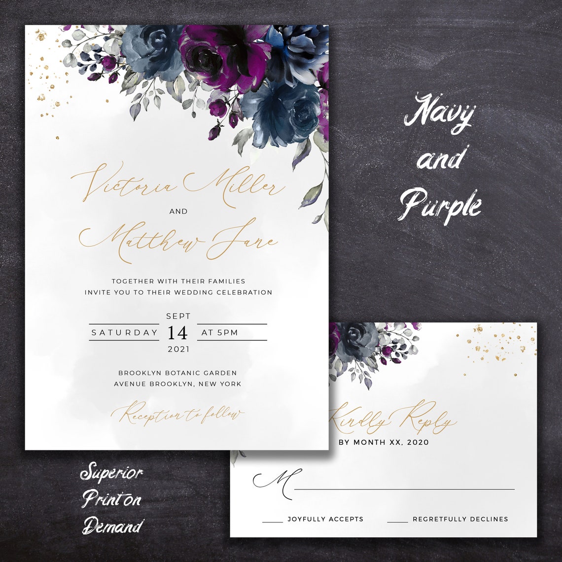 Wedding Invitation Floral Elegant Custom Invites Flowers Navy image 2