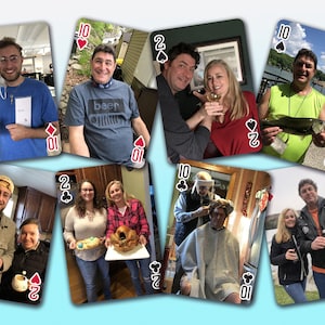 May include: A collage of nine photos of people holding playing cards. The cards are a 10 of diamonds, 10 of hearts, 2 of spades, 2 of clubs, 10 of clubs, 10 of spades, 2 of hearts, 2 of spades, and 10 of clubs.
