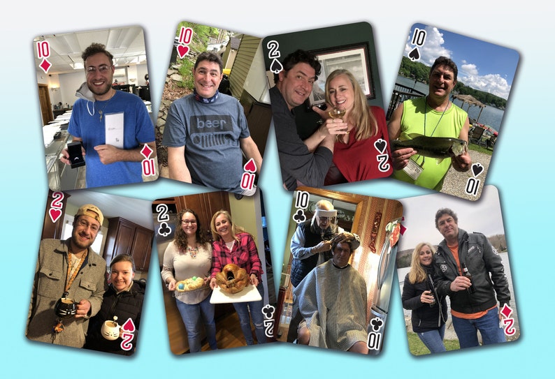 May include: A collage of nine photos of people holding playing cards. The cards are a 10 of diamonds, 10 of hearts, 2 of spades, 2 of clubs, 10 of clubs, 10 of spades, 2 of hearts, 2 of spades, and 10 of clubs.