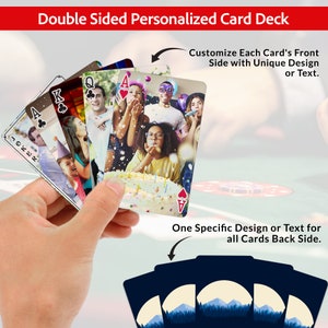 May include: A set of personalized playing cards with a blue mountain design on the back. Each card can be customized with a unique design or text on the front.