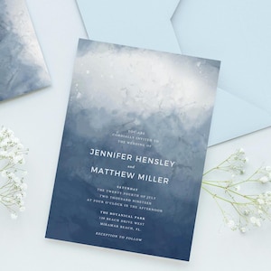 Faire-part de mariage bleu marine aquarelle vagues de l'océan faire invitations personnalisées design montagne bleu royal RSVP carte de remerciement à retenir