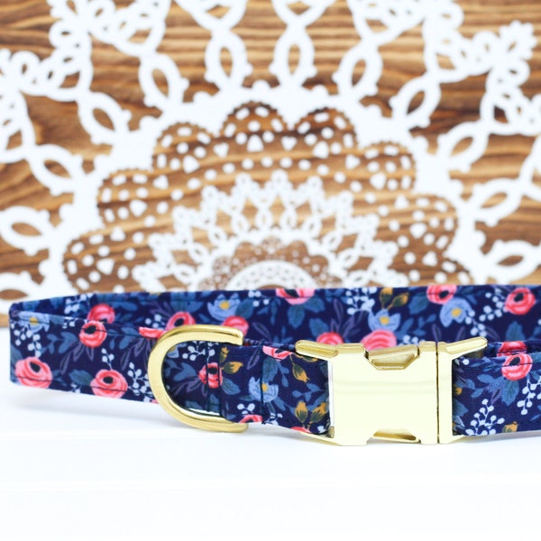 Collar de perro femenino floral, collar de niña, floral rosa, azul marino, primavera, regalo de amante de perro, collar de mascota, collar de cachorro, niña, rifle Paper Co