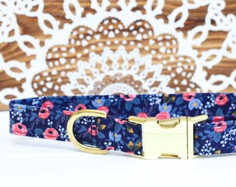 Floral Female Dog Collar, Girl Collar, Pink Floral, Navy Blue, Spring, Dog Lover Gift, Pet Collar, Puppy Collar, Girl, Rifle Paper Co