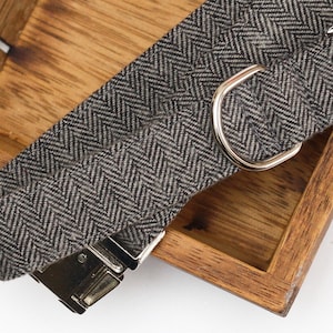 Puede incluir: Un collar de perro de color gris y blanco con estampado de espiga y herrajes plateados, incluyendo un anillo en D y una hebilla.