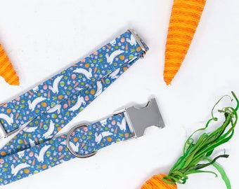 Collar de tela para perro con conejitos de Pascua azules, Zaley Designs, collar de primavera para perro, collar para perro macho o hembra, Pascua, conejo, conejo de Pascua